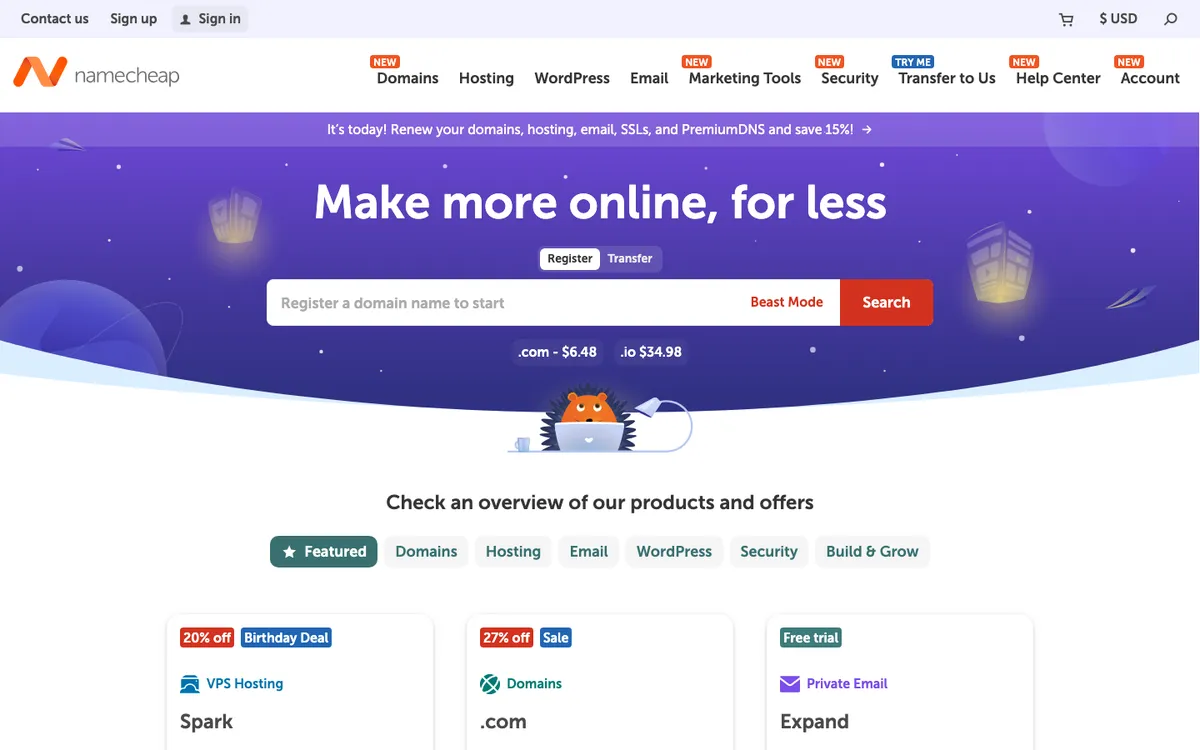 Namecheap homepage